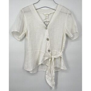 H&M White 100% Linen‎ Lin Side Button Tie Around Blouse Size XSmall